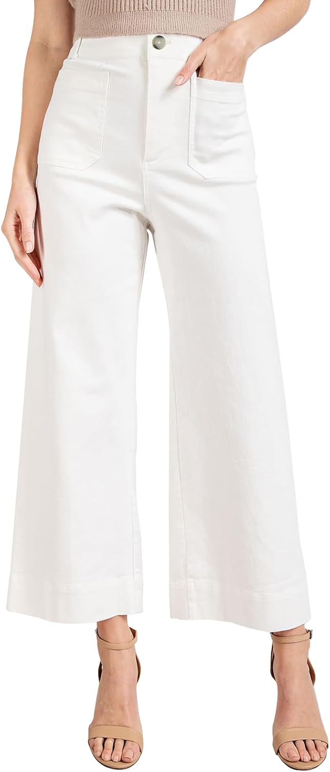 Womens High Waisted Cropped Wide Leg Stretchy Straight Pants Trousers with Pockets