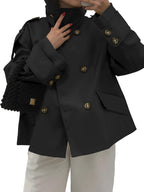 Womens Cropped Trench Coat Oversized Double Breasted Stand Collar Short Jacket Fall Casual Work Outerwear
