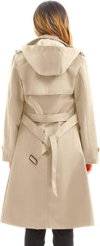 Women's Waterproof Trench Coat Long Double Breasted Windbreaker Classic Belted Lapel Overcoat with Removable Hood