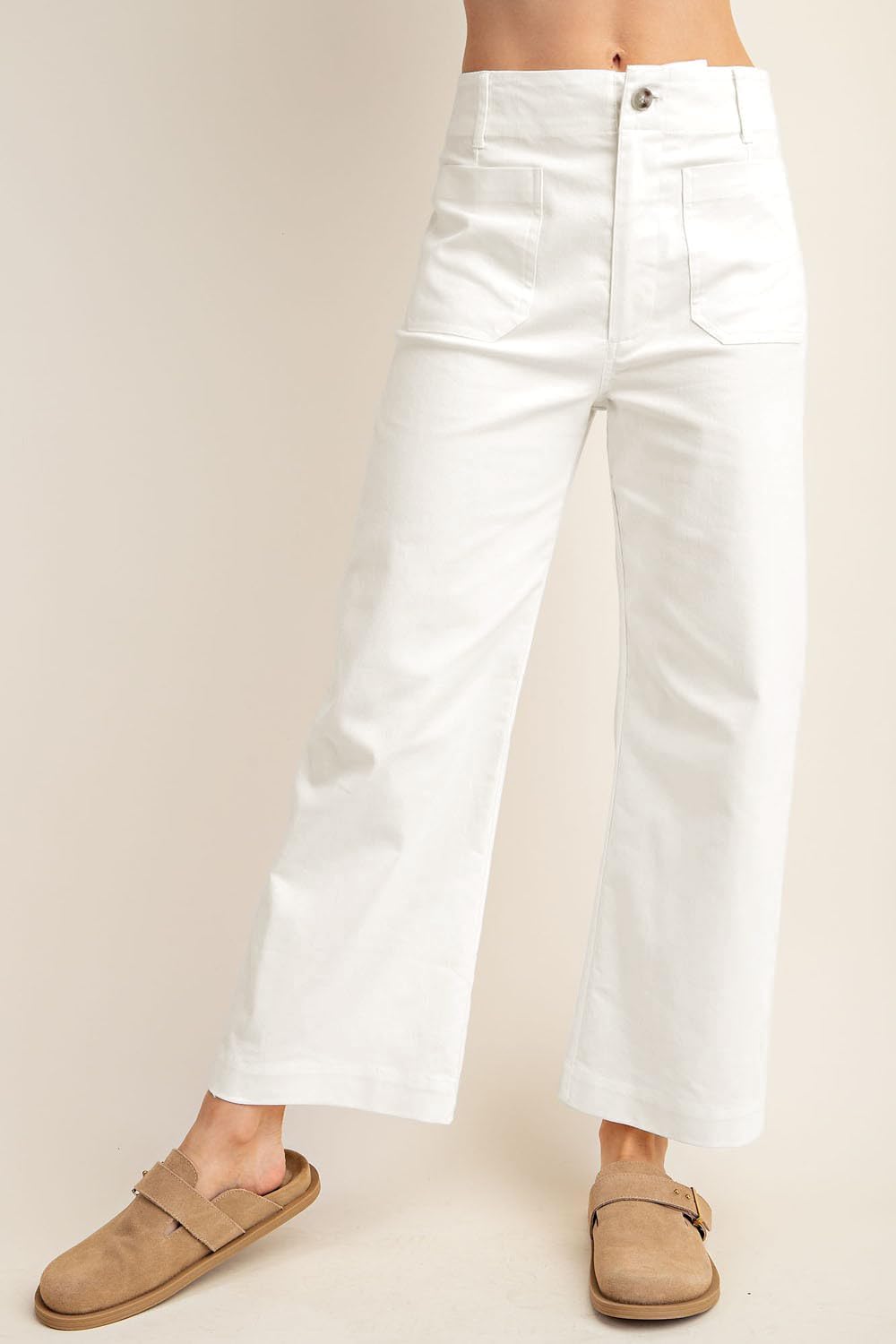 Womens High Waisted Cropped Wide Leg Stretchy Straight Pants Trousers with Pockets
