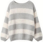 Oversized Sweaters for Women Color Block Striped Sweaters Y2K Crewneck Long Sleeve Knit Sweater