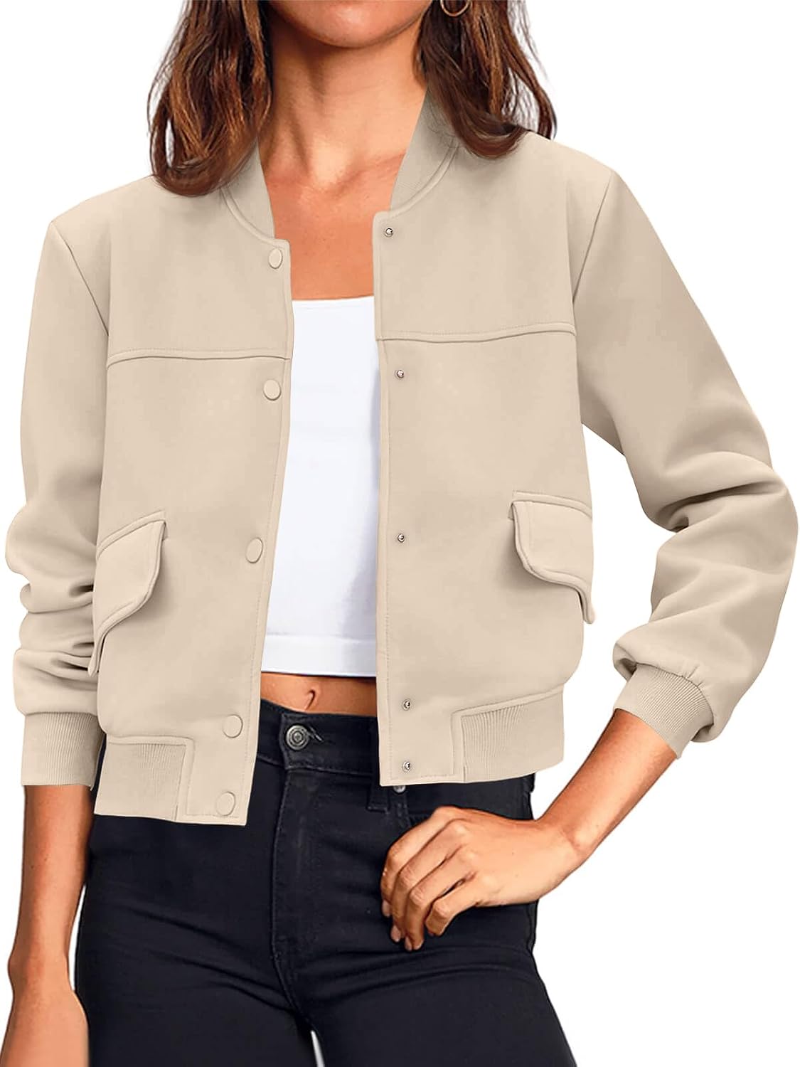 Womens Cropped Bomber Jackets Casual Button Down Long Sleeve Stand Collar Varsity Shacket Coats