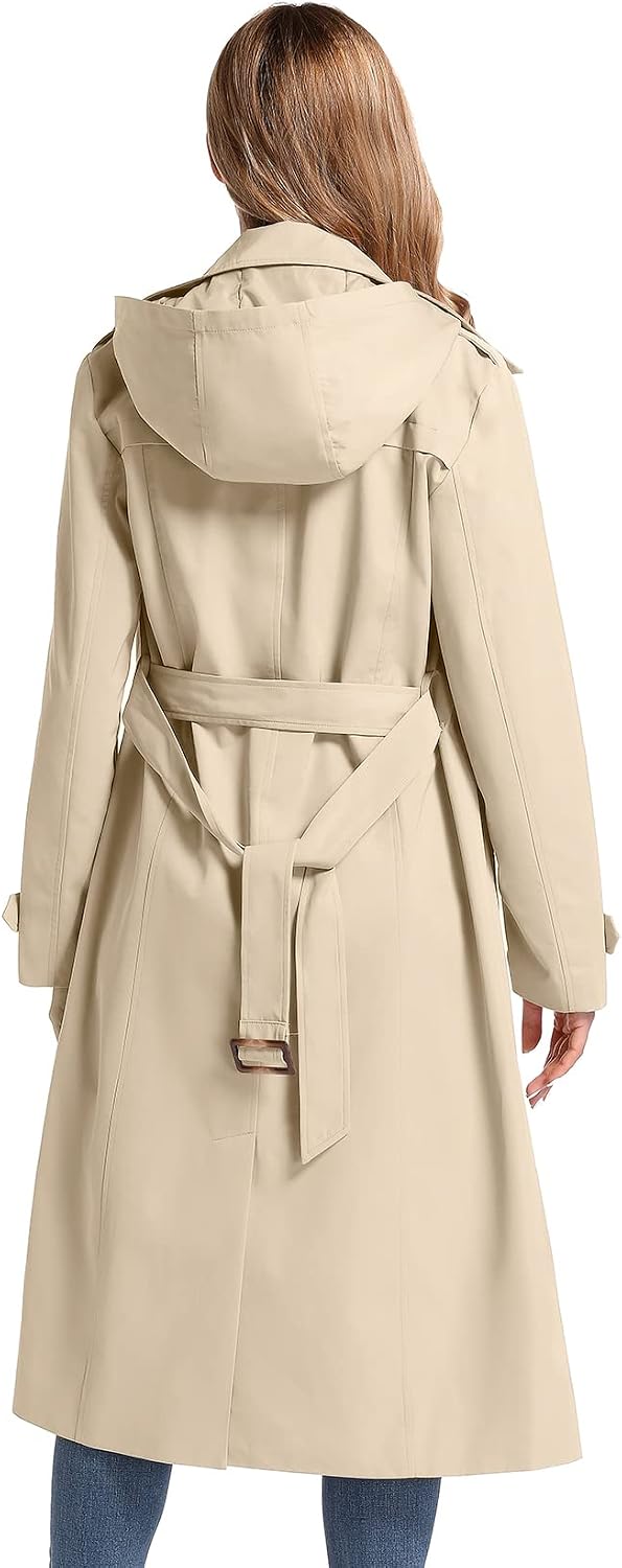 Women's Waterproof Long Trench Coat Double Breasted Length Classic Lapel Belt Coat With Removable Hood