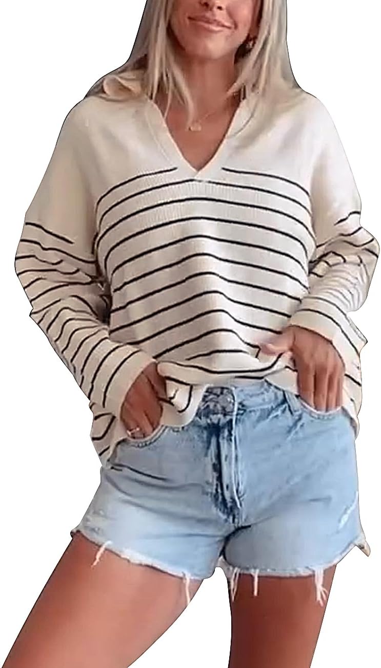 Women's Polo V Neck Sweater Top Cable Knit Casual Fall Oversized Striped Pullover Sweaters