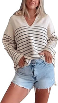 Women's Polo V Neck Sweater Top Cable Knit Casual Fall Oversized Striped Pullover Sweaters