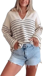 Women's Polo V Neck Sweater Top Cable Knit Casual Fall Oversized Striped Pullover Sweaters
