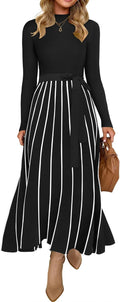 Womens  Fall Turtleneck Long Sleeve Sweater Dress Tie Waist Casual Loose Ribbed Knit A Line Midi Dresses
