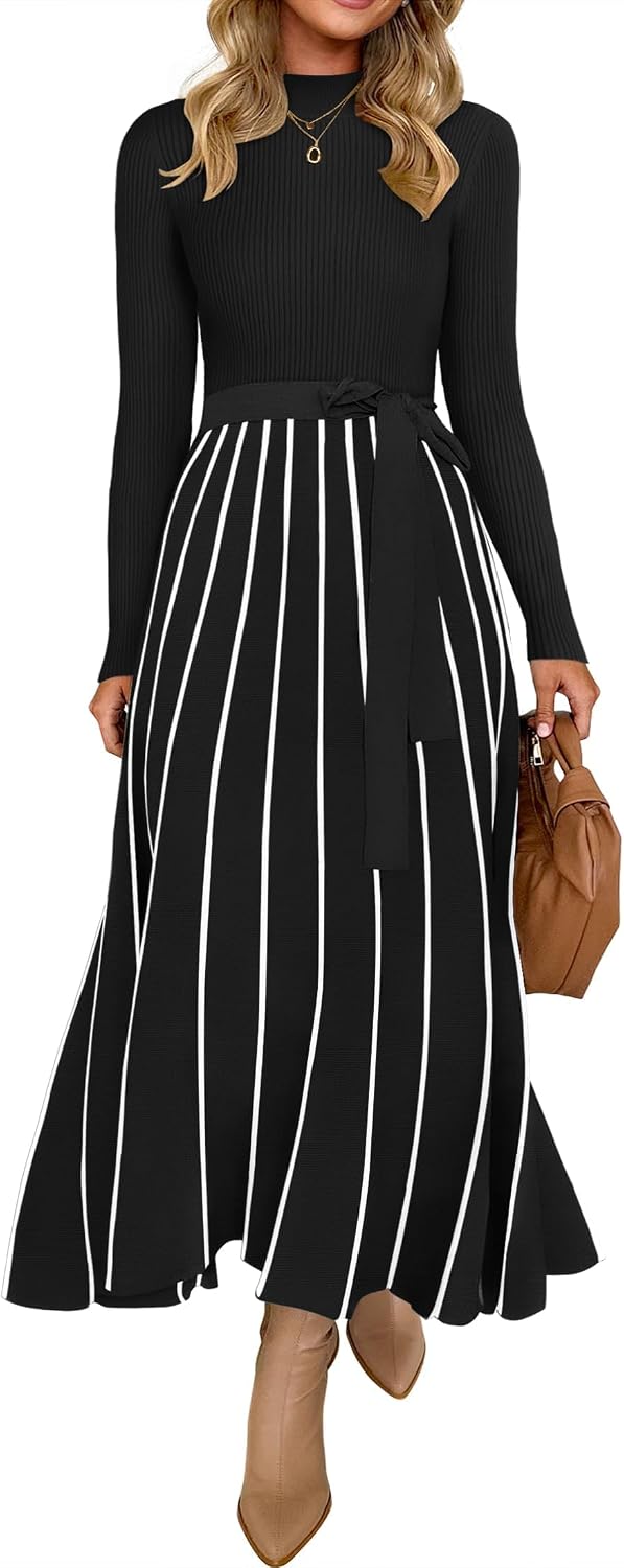 Womens  Fall Turtleneck Long Sleeve Sweater Dress Tie Waist Casual Loose Ribbed Knit A Line Midi Dresses