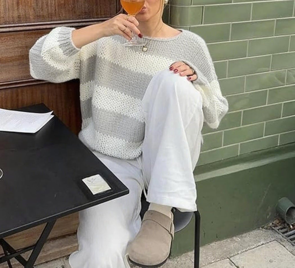 Oversized Sweaters for Women Color Block Striped Sweaters Y2K Crewneck Long Sleeve Knit Sweater