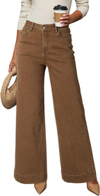 Women's Casual High Waisted Jeans Stretch Button Wide Leg Loose Denim Pants with Pockets