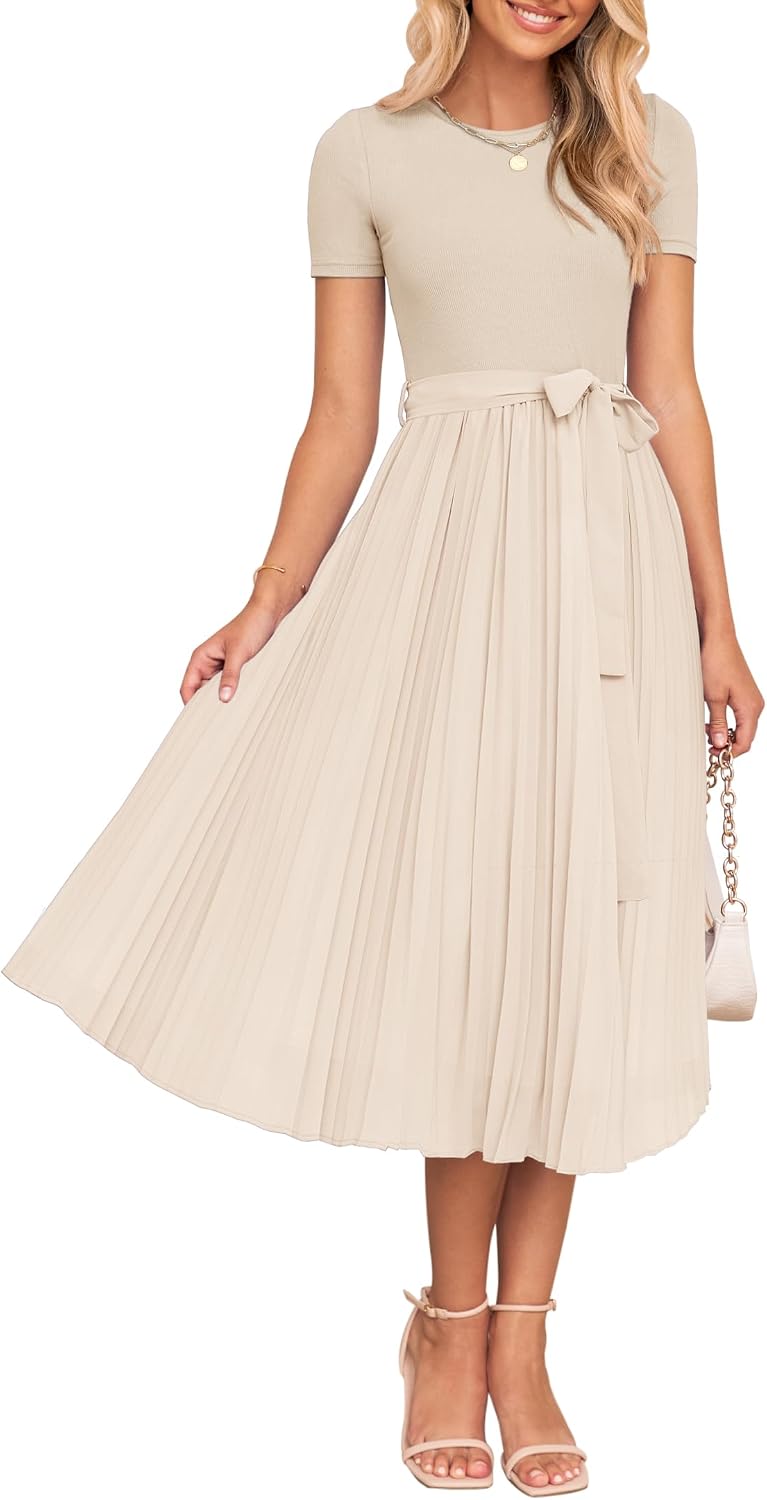 Womens Summer Short Sleeve Midi Dresses Spring Casual Crew Neck Knit Belted Pleated A Line Flowy Wedding Guest Dress