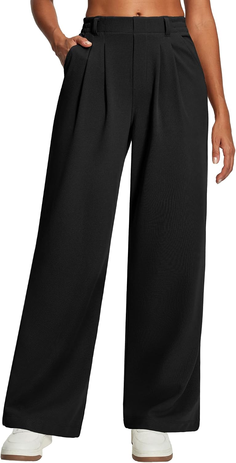 Wide Leg Stretchy Work Pants Women Pull on Dress Pants High Waisted Business Casual Trousers Slacks for Women