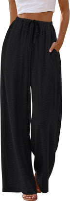 Wide Leg Pants for Women Flowy Palazzo Drawstring Elastic Waist Trousers with Pockets Summer Beach Vacation Clothes