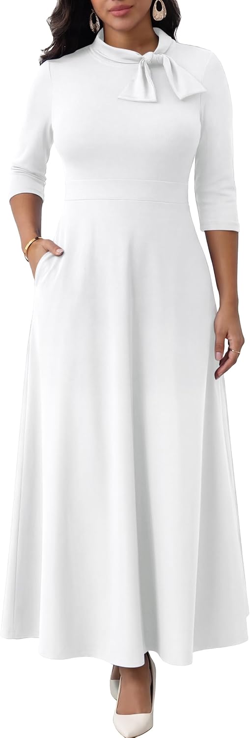 Maxi Dress for Women Long Dress Elegant A Line 3/4 Sleeve Empire Waist Casual Party Church Dresses with Pockets