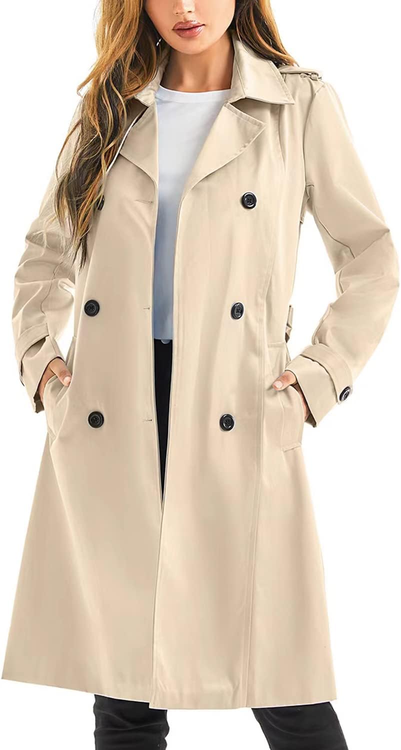 Women's Waterproof Trench Coat Long Double Breasted Windbreaker Classic Belted Lapel Overcoat with Removable Hood