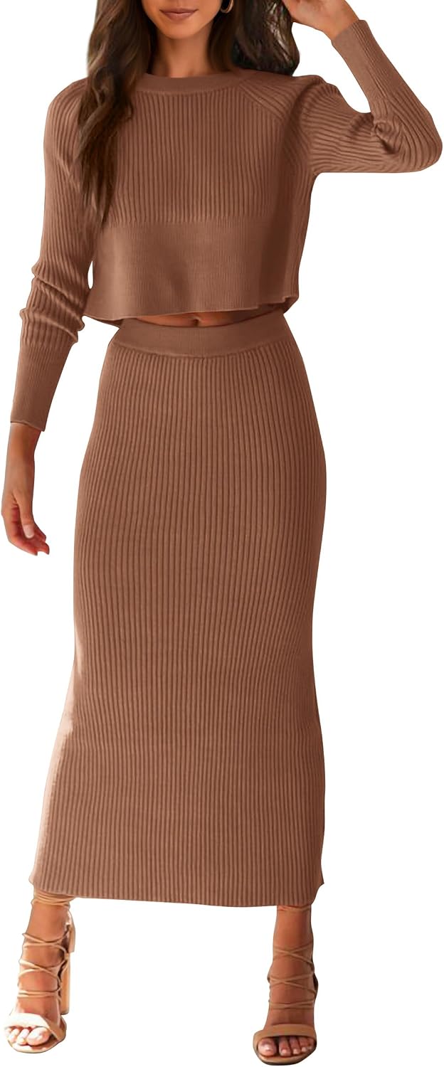 Women's Spring Autumn 2 Piece Sweater Set Ribbed Knit Long Sleeve Crop Top Maxi Bodycon Skirt Casual Winter Outfits