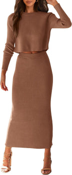 Women's Spring Autumn 2 Piece Sweater Set Ribbed Knit Long Sleeve Crop Top Maxi Bodycon Skirt Casual Winter Outfits