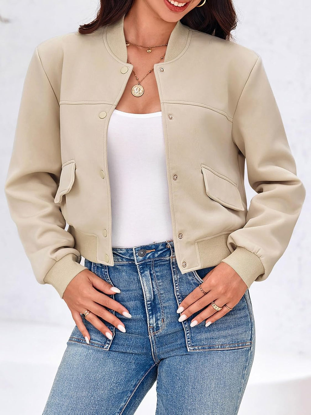 Womens Cropped Bomber Jackets Casual Button Down Long Sleeve Stand Collar Varsity Shacket Coats