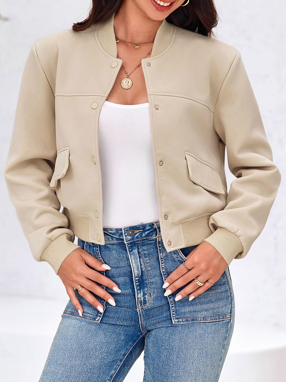 Womens Cropped Bomber Jackets Casual Button Down Long Sleeve Stand Collar Varsity Shacket Coats