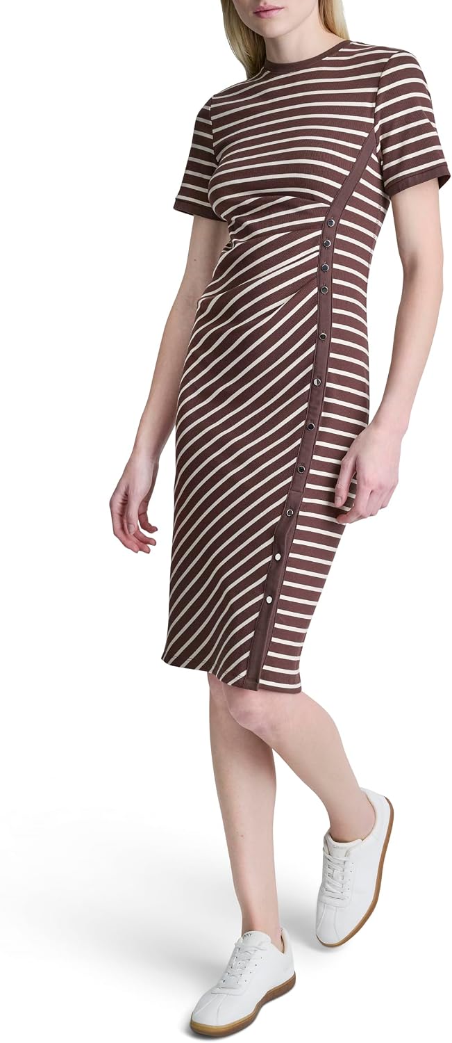 Women's Short Sleeve Jewel Neck Ribbed Knit Sheath Midi Dress