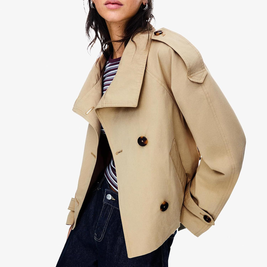Women's Cropped Trench Coat Double Breasted Short Jacket High Collar Fall Winter Coats Trendy Outfit with Belt