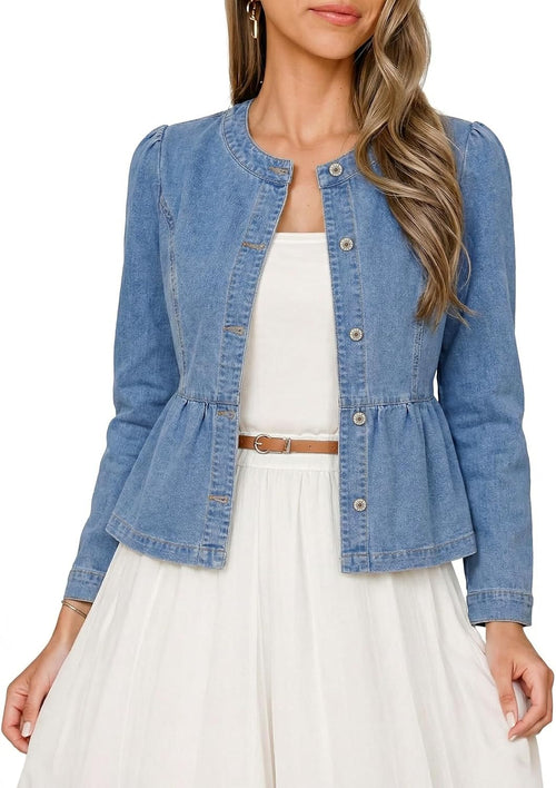 Cropped Jean Jacket Women Button Down Long Sleeve Collarless Cinched Waist Denim Jackets