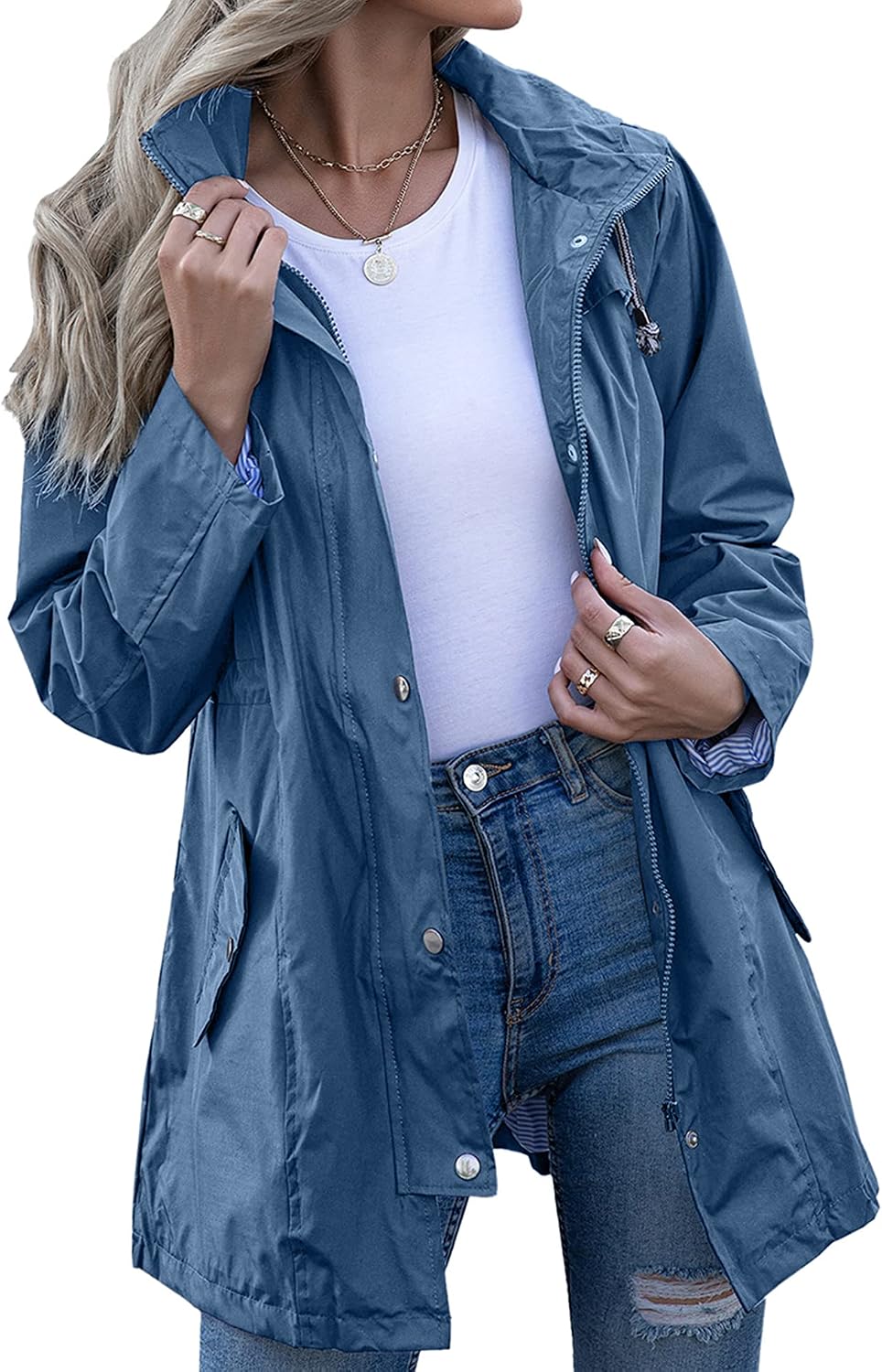 Rain Jacket Women Striped Lined Hooded Lightweight Raincoat Outdoor Waterproof Windbreaker