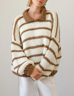 Womens Striped Sweater Crewneck Drop Shoulder Long Balloon Sleeve Oversized Knit Pullover