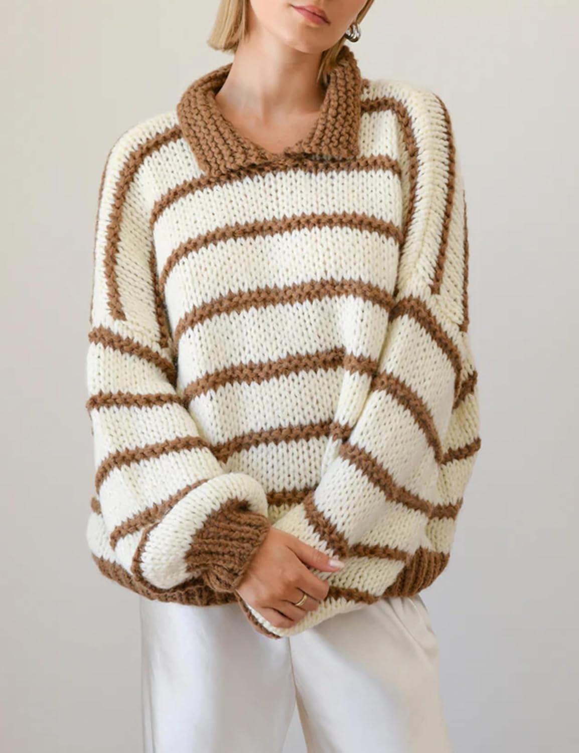 Womens Striped Sweater Crewneck Drop Shoulder Long Balloon Sleeve Oversized Knit Pullover