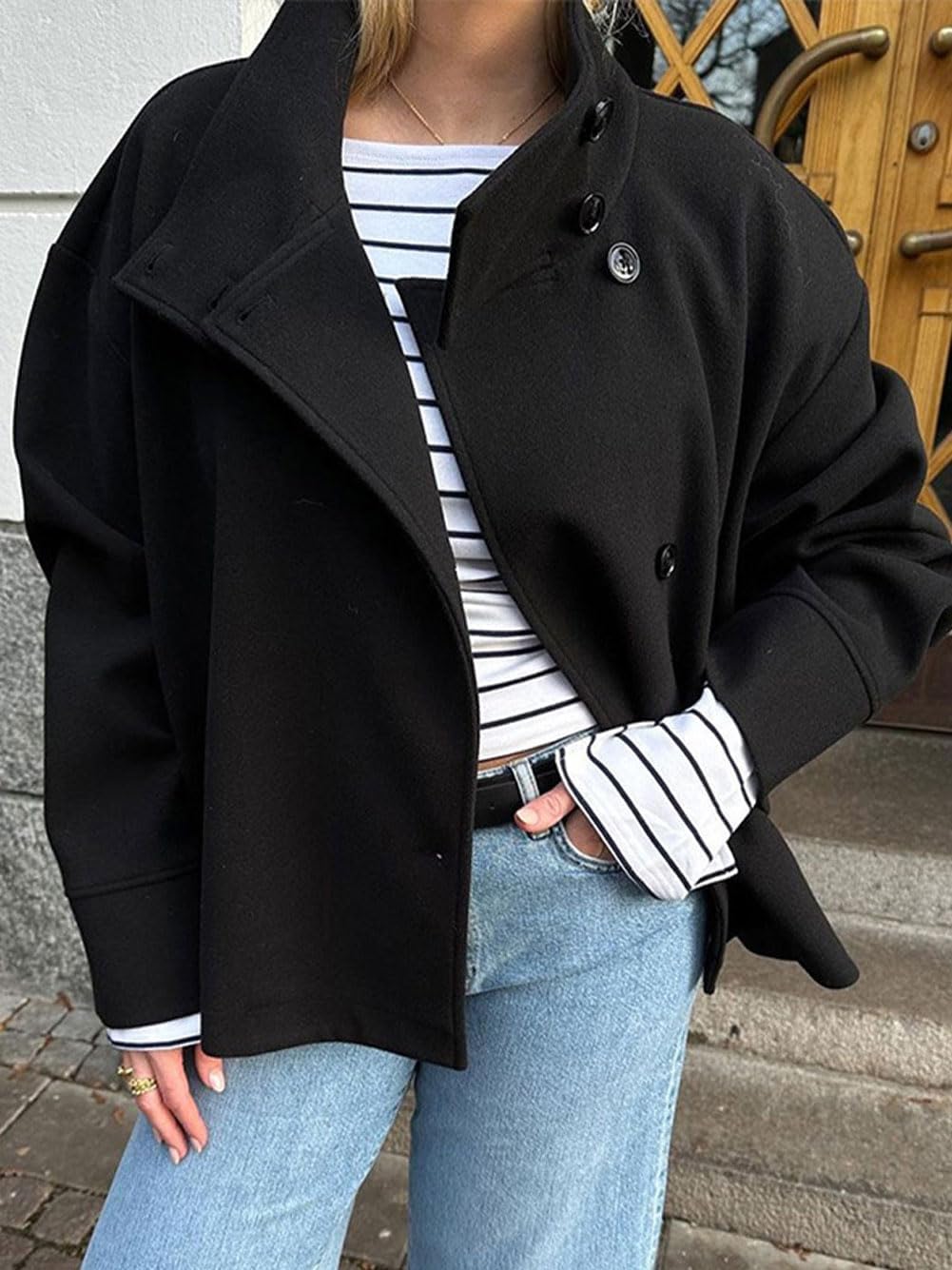 Women Crop Pea Coat Wool Blend Winter Loose Casual Short Jacket Outwear