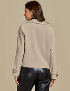 Cropped Trench Coat for Women Long Sleeve Double Breasted Notched Lapel Casual Loose Fit Jackets with Pockets