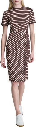 Women's Short Sleeve Jewel Neck Ribbed Knit Sheath Midi Dress
