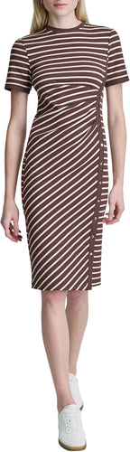 Women's Short Sleeve Jewel Neck Ribbed Knit Sheath Midi Dress
