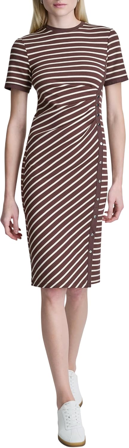 Women's Short Sleeve Jewel Neck Ribbed Knit Sheath Midi Dress