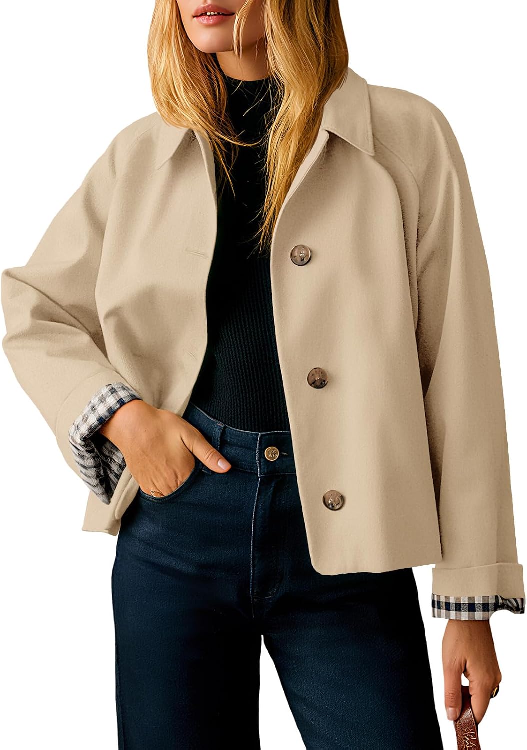 Womens Cropped Trench Coat Lightweight Single Breasted Jacket Fall Windbreaker Fashion Outerwear
