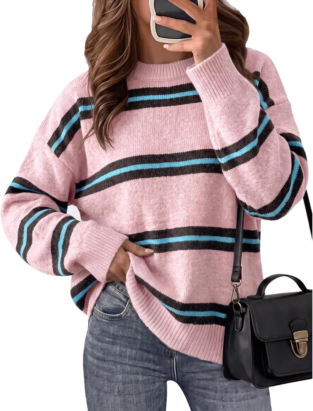 Women Oversized Striped Sweater Colorblock Knit Sweater