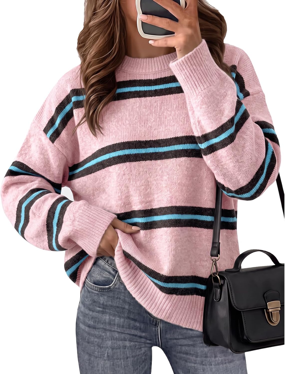 Women Oversized Striped Sweater Colorblock Knit Sweater