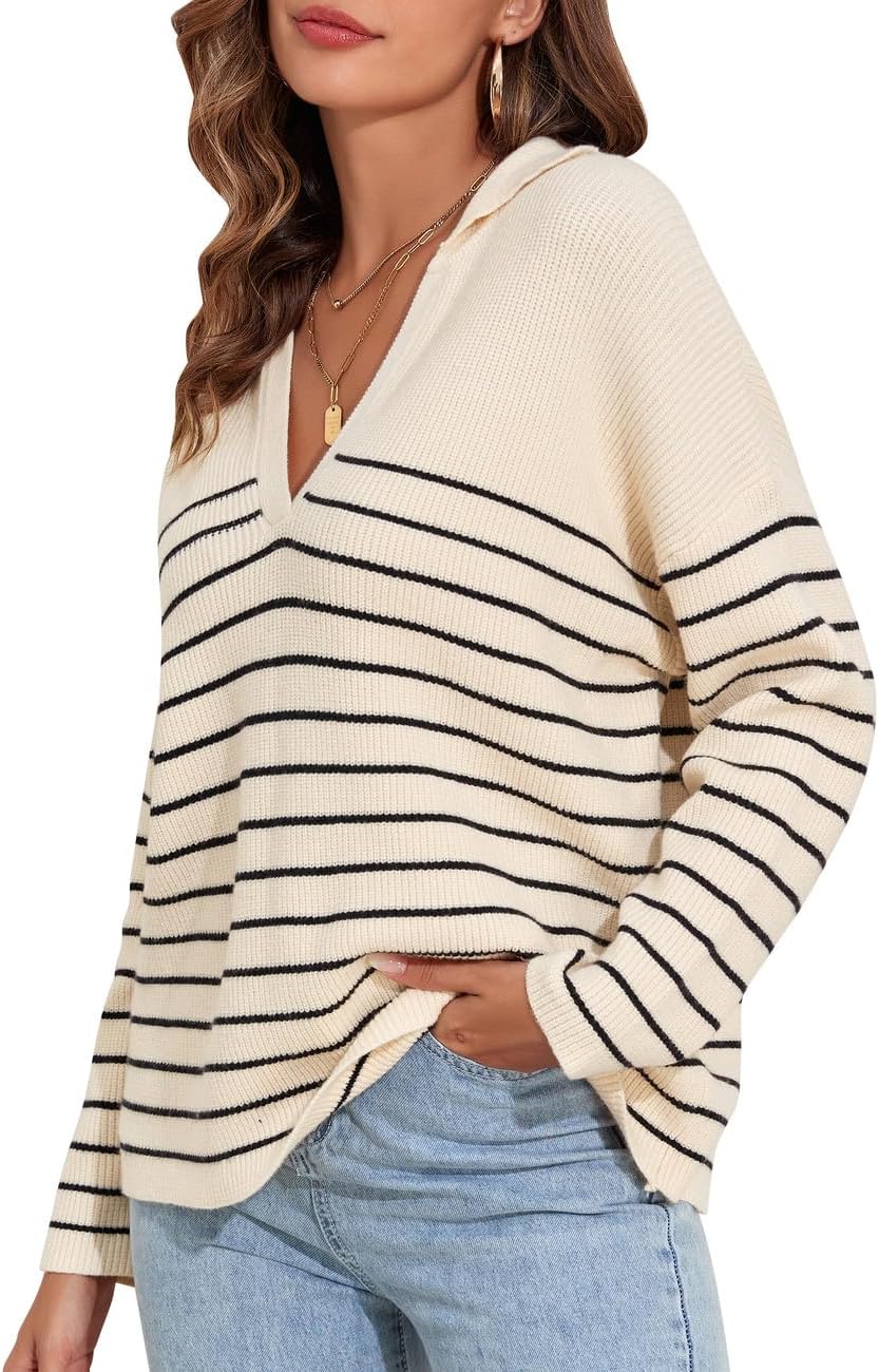 Women's Polo V Neck Sweater Top Cable Knit Casual Fall Oversized Striped Pullover Sweaters