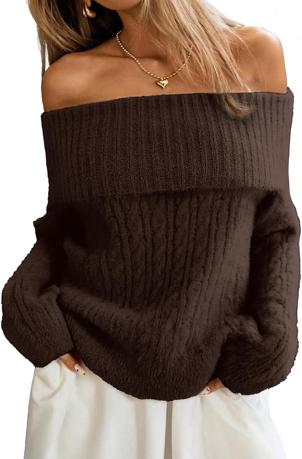 Women's Off Shoulder Cable Knit Sweater, Soft Oversized Pullover, Brown, Large