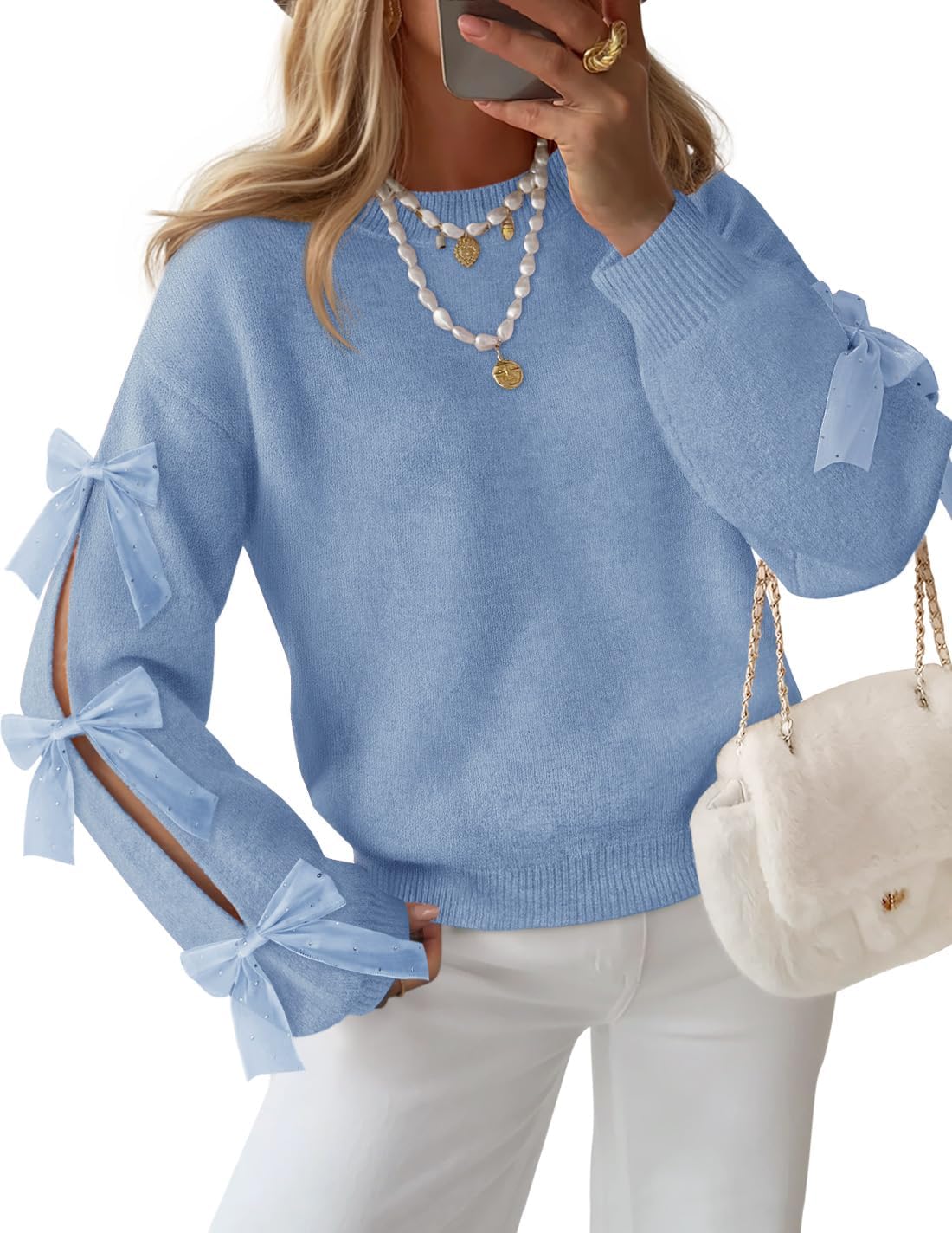 Women's Oversized Bow Sweaters Fall  Cute Crewneck Long Sleeve Knit Pullover Sweater Jumper Tops
