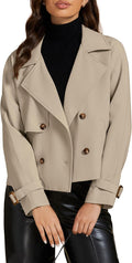 Cropped Trench Coat for Women Long Sleeve Double Breasted Notched Lapel Casual Loose Fit Jackets with Pockets