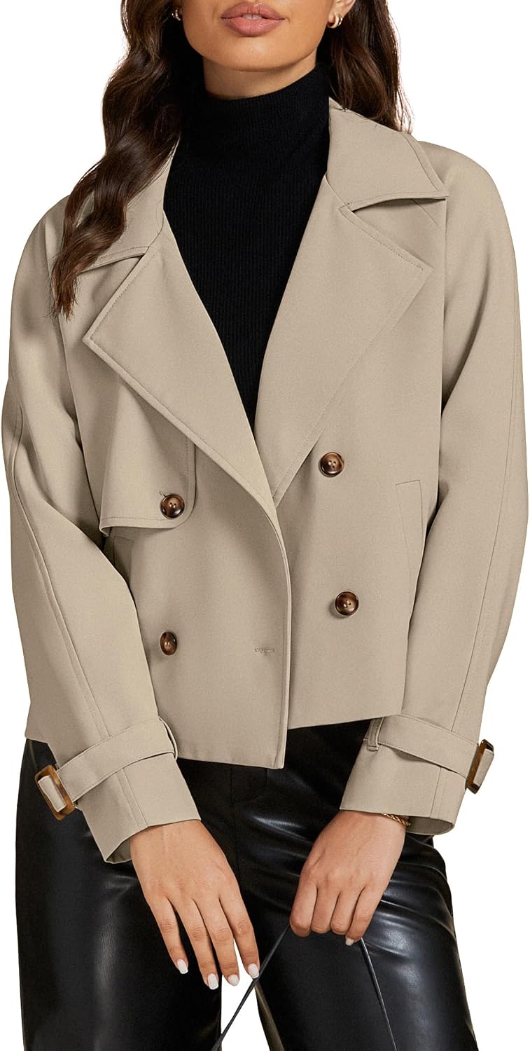 Cropped Trench Coat for Women Long Sleeve Double Breasted Notched Lapel Casual Loose Fit Jackets with Pockets