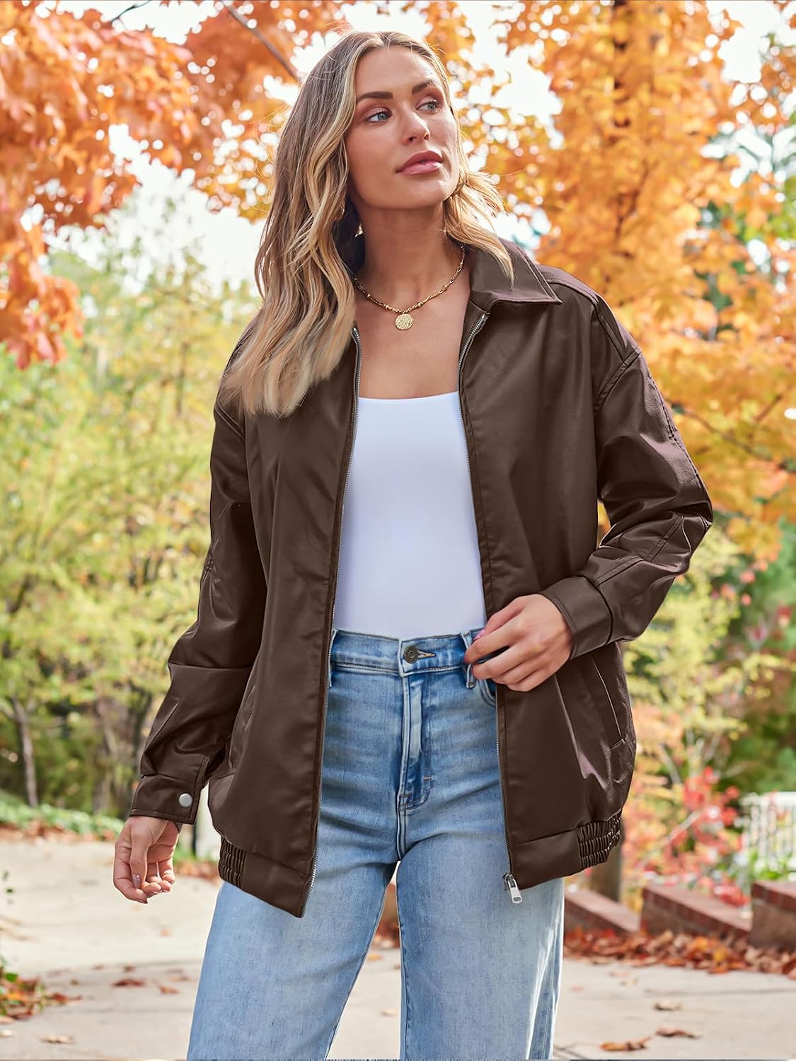 Women's Oversized Faux Leather Jacket - Fall Motorcycle Style Coat with Zipper Closure