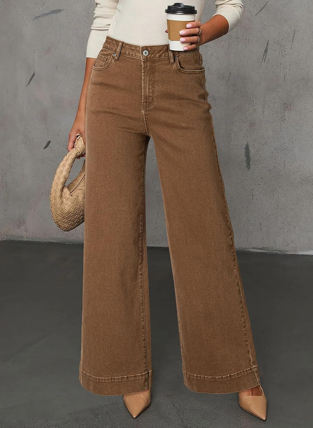 Women's Casual High Waisted Jeans Stretch Button Wide Leg Loose Denim Pants with Pockets