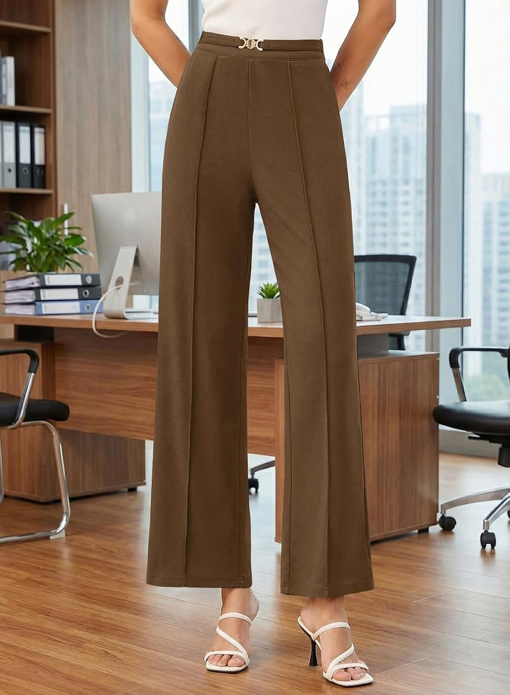 Wide Leg Pants Women Straight Elastic High Waisted Work Slacks Business Casual Pleated Dress Pants Trousers