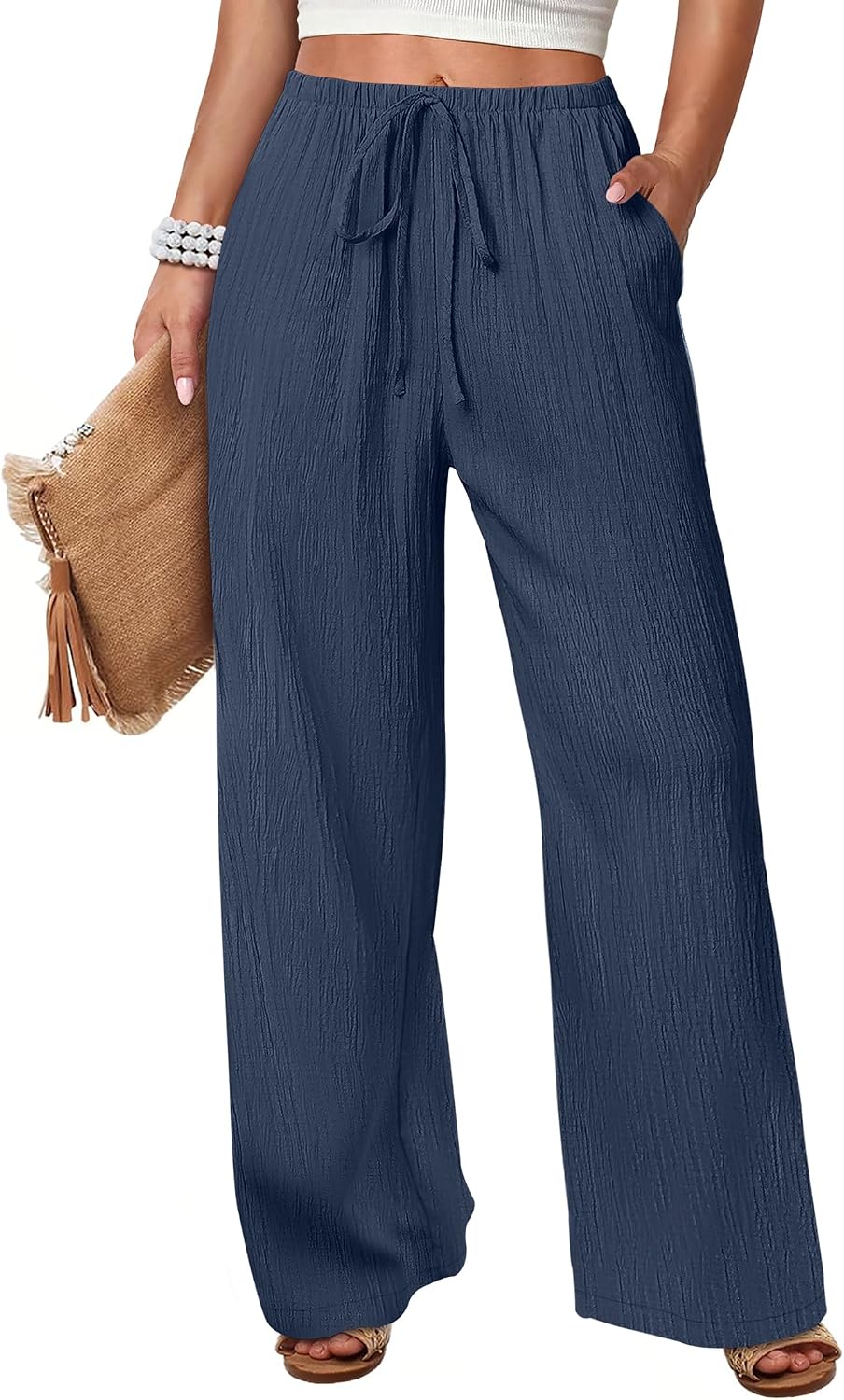 Women's Wide Leg Beach Pants Elastic Waist Lightweight Casual Flowy Palazzo Lounge Trousers with Pockets