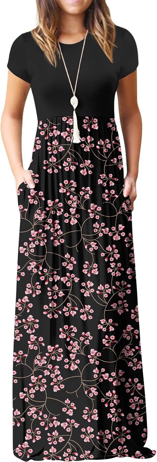 Women's Short Sleeve Maxi Dresses Casual Long Dresses with Pockets