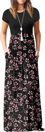 Women's Short Sleeve Maxi Dresses Casual Long Dresses with Pockets