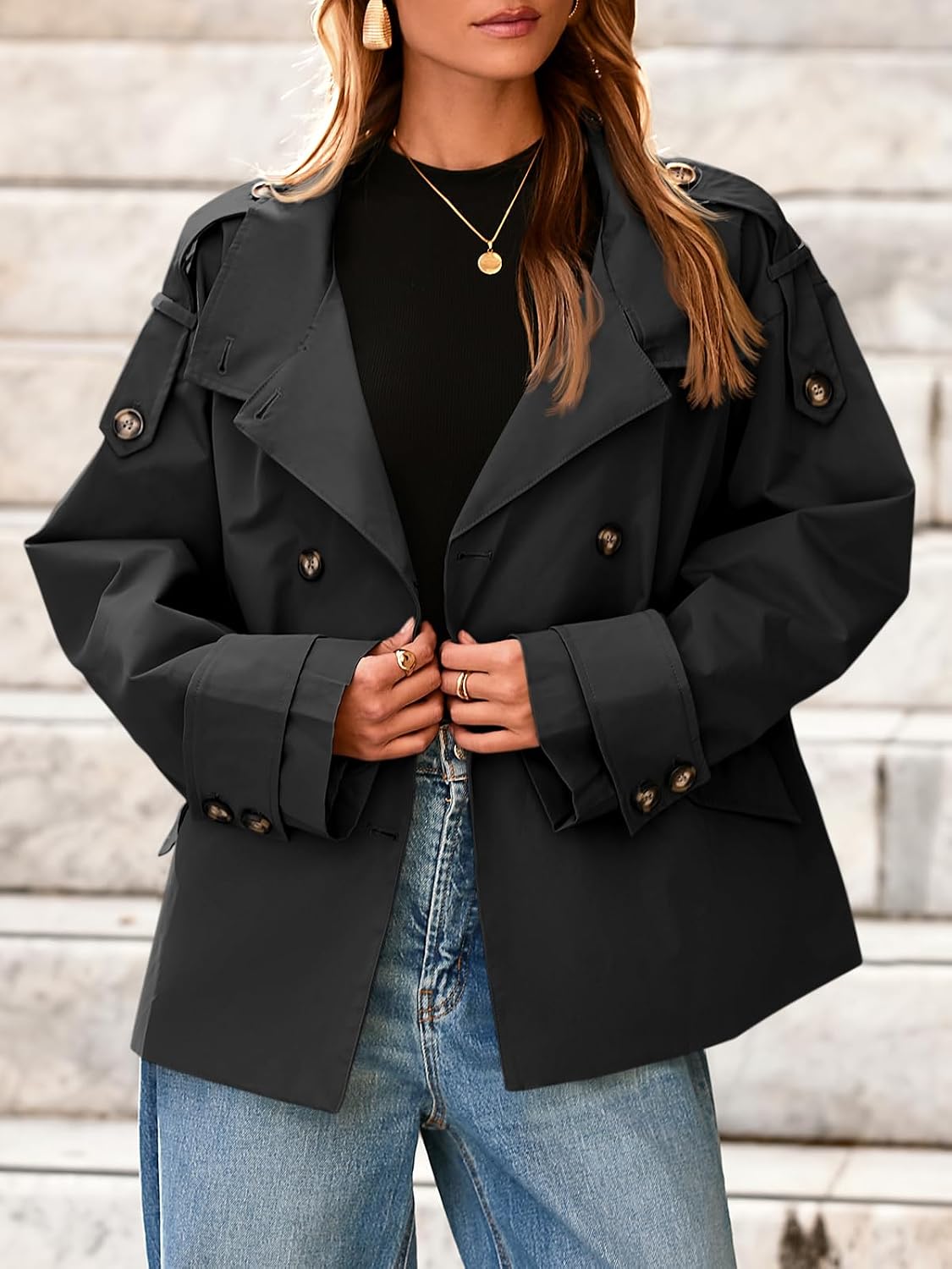 Womens Cropped Trench Coat Oversized Double Breasted Stand Collar Short Jacket Fall Casual Work Outerwear
