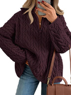 Women Oversized Chunky Cable Knit Quarter Zip Pullover Sweater